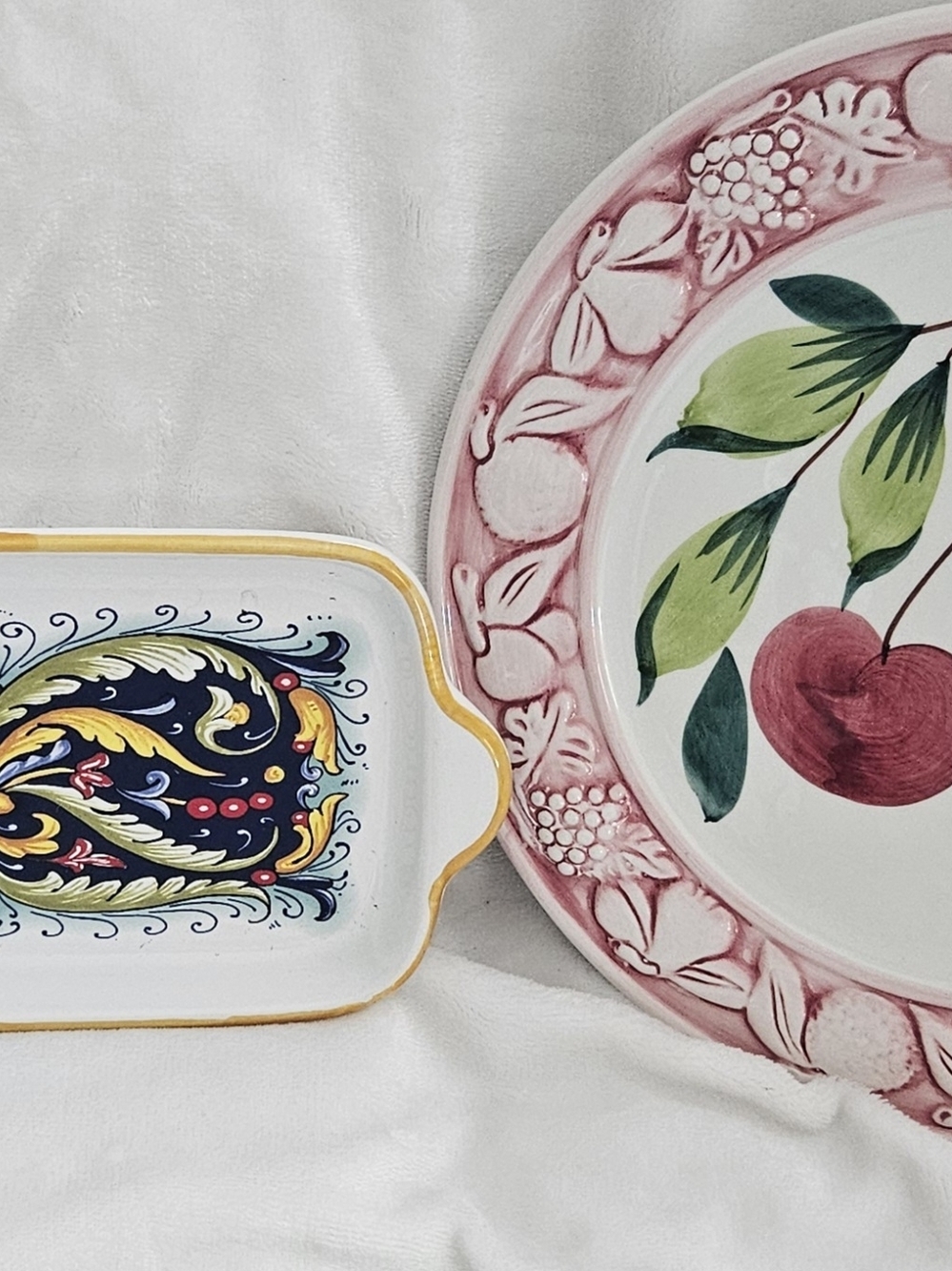 Hand-Painted Italian Ceramic Plates - Fruit & Floral Motifs, Pink & Multicolor